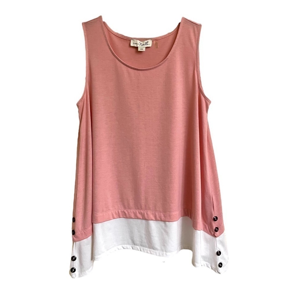 SIMPLY NOELLE, PINK TANK TOP. LONGER SIDES WITH BUTTON DETAIL. SIZE S/M 8-10